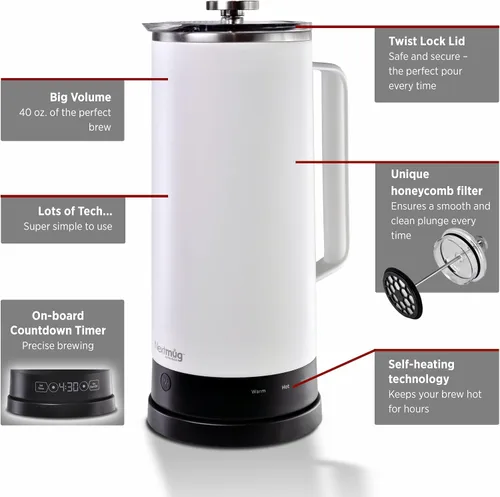 Vista 2 de Nextmug Press - Prensa francesa con temperatura controlada y autocalentamiento (blanco - 40 oz.)