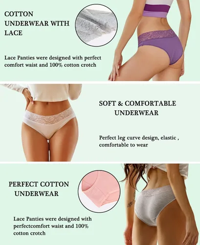 Vista 4 de Knowyou Ropa interior de algodón para mujer, bikini de cintura de encaje, transpirable, hipster, paquete de 7