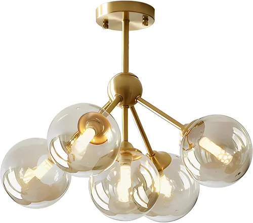 Vista 12 de KCO Iluminación Pequeña Lámpara de Techo de Vidrio Ámbar Burbuja Sputnik de Latón Dorado Montaje Semiempotrado para Cocina Recámara Pasillo