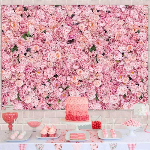 Vista 2 de Fondo de fotos de pared con rosas rosadas, decoración de fiesta de cumpleaños para niñas, telón de fondo de fotografía para el día de San Valentín