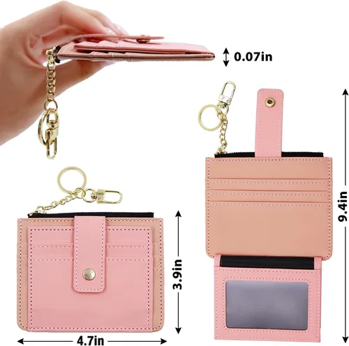 Vista 4 de Deziliao Funda delgada para tarjetas de crédito con bloqueo Rfid para mujer, cartera con cremallera, cartera pequeña y compacta de cuero