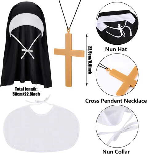 Vista 2 de Geyoga Juego de accesorios para disfraz de monja, collar con dije de cruz, calcetines hasta la rodilla hasta el muslo para fiesta de cosplay