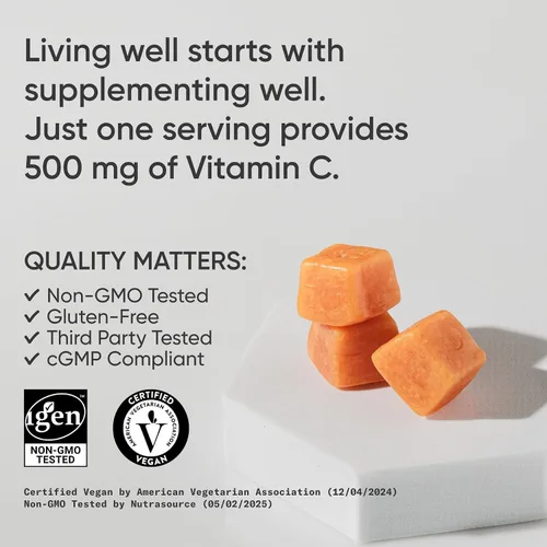 Vista 4 de Sports Research® Gomitas de vitamina C 500 mg de vitamina C Sin azúcar, sin gelatina, certificadas veganas y probadas sin OGM Apoyo inmune
