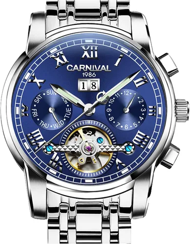 Vista 7 de Carnival Reloj mecánico automático para hombre tourbillon Relojes azules multifunción de acero inoxidable plateado Oro rosa/Negro