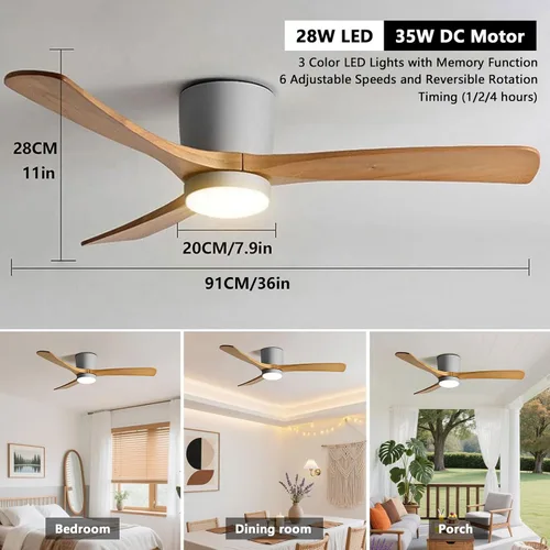 Vista 2 de Ventilador de techo gris de 36 pulgadas con luz, montaje empotrado para dormitorio y sala de estar