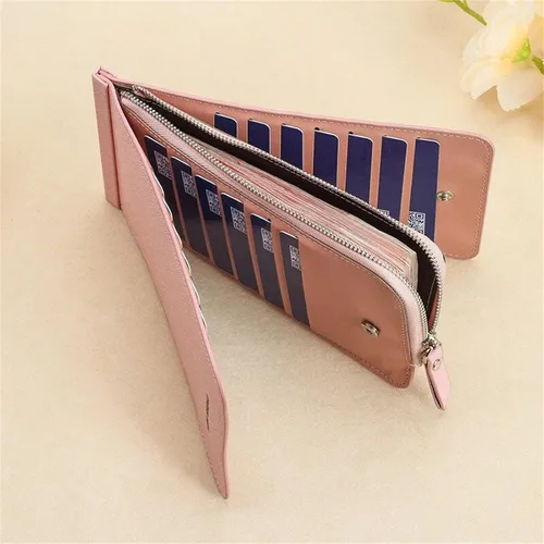 Vista 6 de Cartera larga multifuncional, bolsillo con cremallera para mujer de cuero para tarjetas de crédito, billetera plegable de cuero para tarjetas