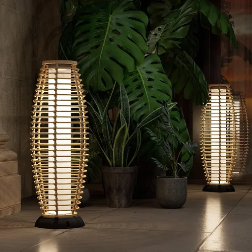 Vista 3 de Solar Yard Lámpara de pie para exteriores, luces de patio, farol con energía solar, resistente a la intemperie, luces de mimbre para terraza