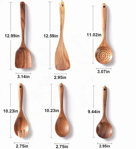 Vista 7 de GUDAMAYE - Juego de utensilios de cocina de madera, 6 cucharas de madera para cocinar, utensilios de cocina de madera, cucharas de madera de teca