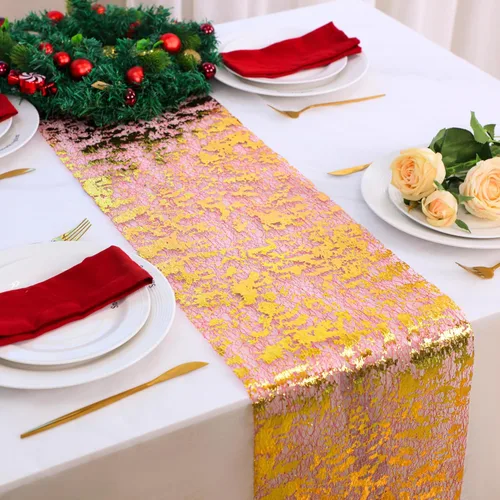 Vista 8 de Snowkingdom Camino de mesa dorado metálico con purpurina de 11 x 108 pulgadas, malla fina brillante, decoración de mesa para boda, despedida