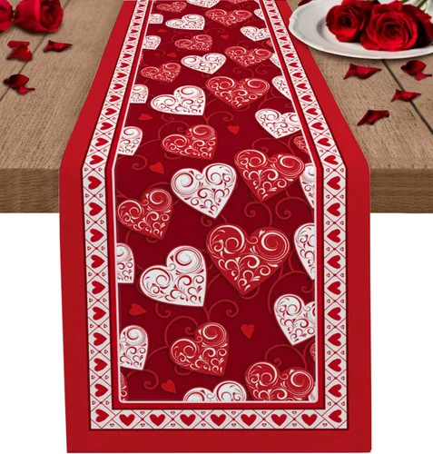 Vista 14 de Camino de mesa para decoración del día de San Valentín, diseño de gnomo, corazón, rojo, a cuadros, búfalo, algodón, lino, decoración de mesa