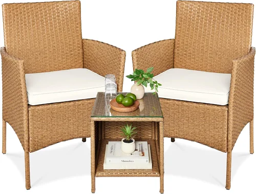 Vista 18 de Best Choice Products Juego de 3 piezas de mimbre para conversación al aire libre, muebles de patio que ahorran espacio para jardín con mesa