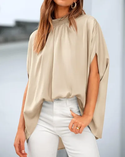 Vista 122 de BTFBM Blusas de verano para mujer, cuello alto falso, manga murciélago, holgadas, dobladillo alto y bajo, blusas informales de gran