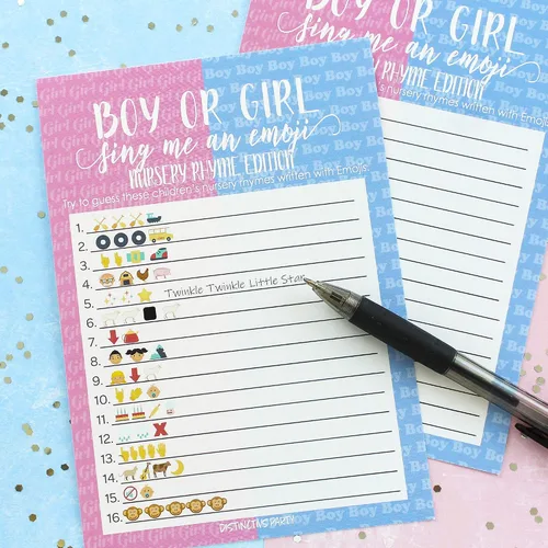 Vista 2 de DISTINCTIVS Tarjetas de juego de emoji para fiesta de revelación de género - 20 unidades 20 Game Cards, 5" x 7", Answer Key Included, Pink Blue