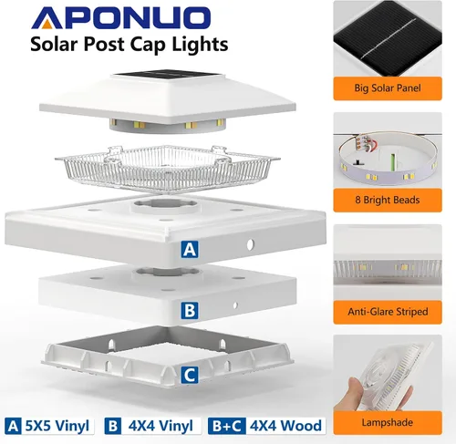 Vista 4 de APONUO Paquete de 20 luces solares de poste de 4 x 4, IP64, impermeables Blanco