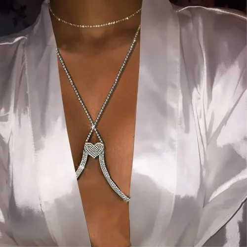 Vista 2 de Soporte de pecho con diamantes de imitación, cadena para el cuerpo, cadena para el cuerpo, cadena de corazón, bikini para mujer
