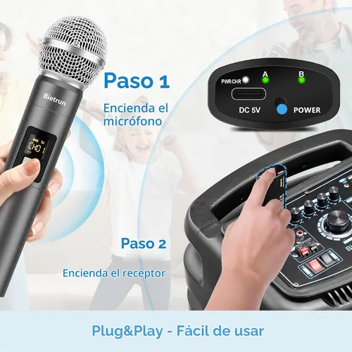 Vista 2 de Bietrun Micrófono inalámbrico, juego de micrófonos UHF de mano, dinámicos, de metal, inalámbricos, con receptor recargable, salida de 1/4