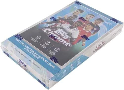 Vista 2 de 2022-23 Topps Chrome UEFA Champions League Soccer Factory Sellado Hobby Lite Box 16 Paquetes de 4 Cartas. 4 Paralelos Raywave en Blanco y Negro Por