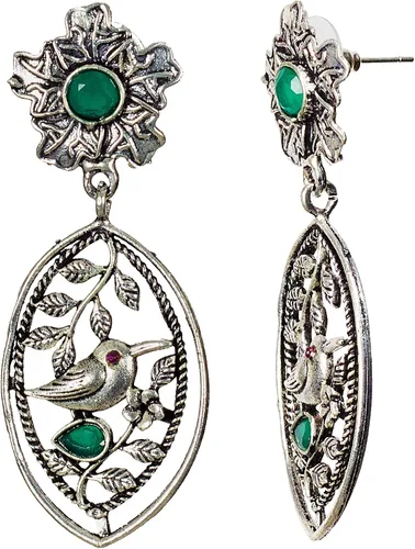 Vista 2 de DESI HAWKER - Pendientes de plata oxidados para Bali Jhumki Jhumka joyería de bollywood colgantes con diamantes de imitación de pájaro floral NI-67
