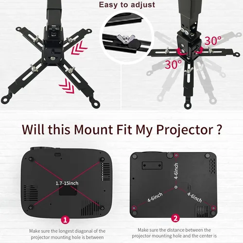 Vista 3 de Soporte de proyección de pared o techo con altura ajustable y brazo extensible para proyector del hogar y la oficina