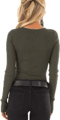 Vista 2 de Tobrief Camisas Henley de manga larga con cuello en V para mujer, suéter de punto acanalado con botones