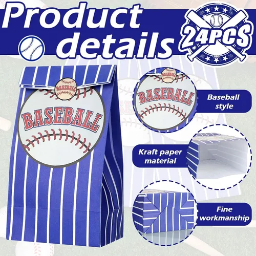 Vista 4 de Outus 30 bolsas de regalo de béisbol, bolsas de papel azules con calcomanías para fiestas temáticas de equipo, decoración de cumpleaños, celebración