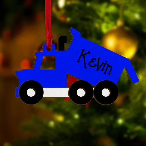 Vista 3 de Adorno de árbol de Navidad con nombre personalizado de madera para camión volquete, camión de transporte, equipo pesado, minicargadora, adorno