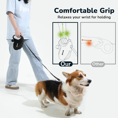 Vista 6 de Pecute Correa retráctil para perro de 32 pies con tiras reflectantes, sin enredos de 360°, control de un botón y material de nailon resistente