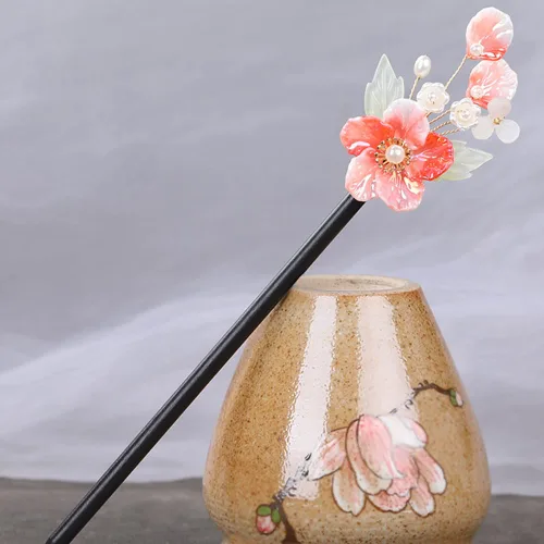 Vista 2 de Palillos para el cabello estilo chino, palillos de madera con flores, decoración retro con borla, horquilla de madera hecha a mano, accesorios