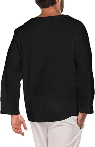 Vista 3 de DuDubaby Camisas casuales para hombre, sueltas, de moda, casuales, con cordones, manga larga, cuello en V, camisas de vestir para hombre