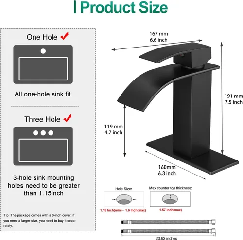 Vista 6 de VOTON Grifos de Baño Negros Modernos de Cascada para Lavabo de Baño Grifo de Baño Negro Mate de Una Sola Manija para 1 o 3 Agujeros con Placa