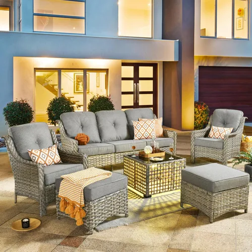 Vista 81 de HOOOWOOO Sofá de patio de 3 plazas de mimbre para exteriores, resistente a todo tipo de clima, con respaldo alto, muebles a juego (beige y bronceado)