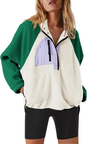 Vista 28 de Nirovien - Chaqueta de forro polar con capucha para mujer, manga larga, sherpa, sudadera mullida, abrigada, con botones y bolsillos Un rosa