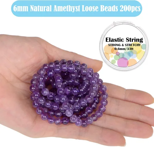 Vista 2 de 200 cuentas redondas sueltas de piedra preciosa de amatista natural de 6mm para fabricación de joyas con cordón elástico de cristal