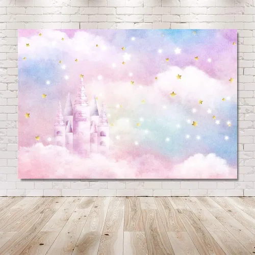 Vista 5 de MEHOFOND Acuarela de arco iris pastel para estudio fotográfico, decoración de fondo para cabina de estudio fotográfico, estrellas doradas, nube