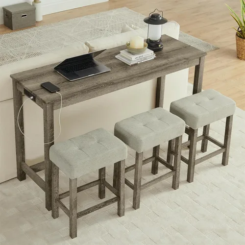 Vista 18 de Juego de mesa de barra de 59" de altura de mostrador con toma de corriente, mesa de desayuno industrial con 3 taburetes acolchados, juego de mesa
