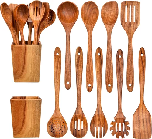 Vista 12 de GUDAMAYE - Juego de utensilios de cocina de madera, 6 cucharas de madera para cocinar, utensilios de cocina de madera, cucharas de madera de teca