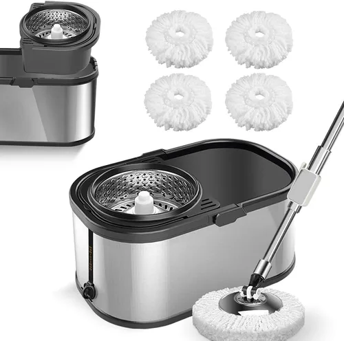 Vista 12 de Trapeador giratorio y cubo con escurridor para el hogar, trapeador de 360° y cubo con agua limpia y sucia separada, mopa de polvo húmedo