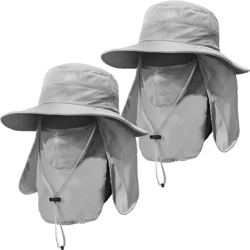Vista 9 de Sombrero de pesca de ala ancha para hombre, 2 piezas, protección solar UPF 50+, extraíble, solapa para cara y cuello