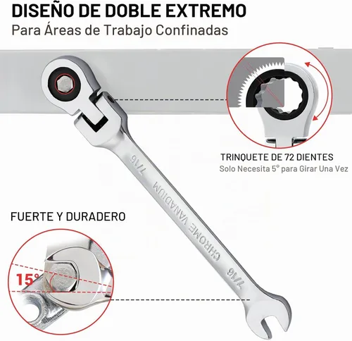 Vista 2 de Pilida - Llave combinada de trinquete de cabeza flexible de 7/16 pulgadas, llave de grado industrial SAE de 12 puntos, diseño de 72 dientes, llave