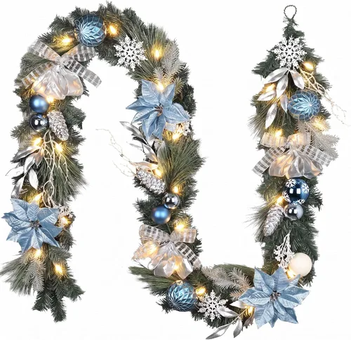 Vista 7 de Valery Madelyn Guirnalda de Navidad preiluminada de 1.8 m con luces para repisa de chimenea, guirnalda de Navidad iluminada para exteriores