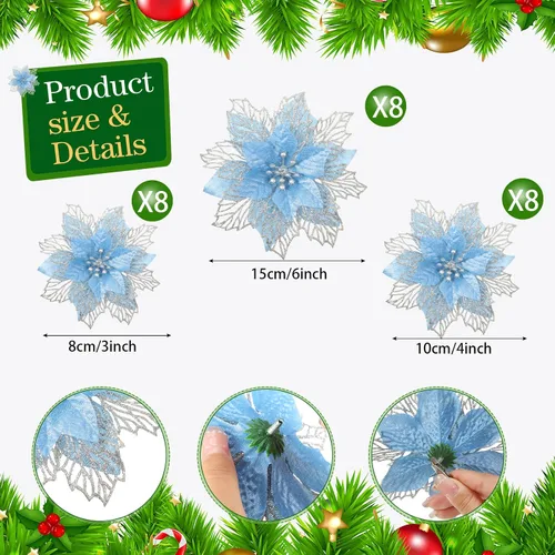 Vista 2 de Geosar 24 piezas de flores de Pascua con purpurina para Año Nuevo, flores artificiales en capas, adornos para árbol de boda y Año Nuevo, 3/4/6 Azul
