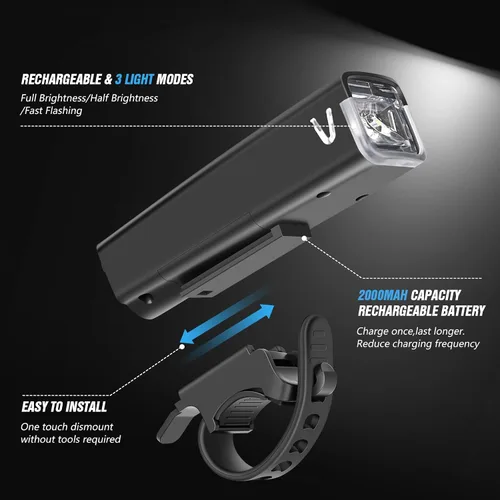 Vista 2 de WGGE Juego de luces recargables USB ultra brillantes, potente faro delantero y trasero para bicicleta, fácil de instalar para montar por la noche