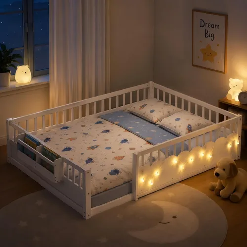 Vista 11 de Cama Montessori de tamaño matrimonial con barandillas, color gris