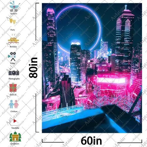 Vista 6 de Aidatain Tapiz de juego punk grande de 60 x 80 pulgadas, tecnología futurista, paisaje urbano, rascacielos, estético, tapices de franela para colgar