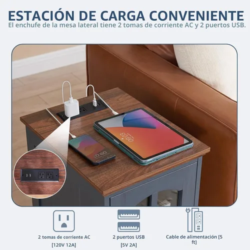 Vista 5 de Mesa auxiliar estrecha, mesita de noche estilo granja con estación de carga, mesa auxiliar de madera con puerta de granero de vidrio y Azul