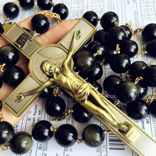 Vista 6 de elegantmedical Caja de regalo católica de cruz de rosario grande hecha a mano con cuentas de obsidiana de oro negro de 0.787 in, Obsidiana dorada