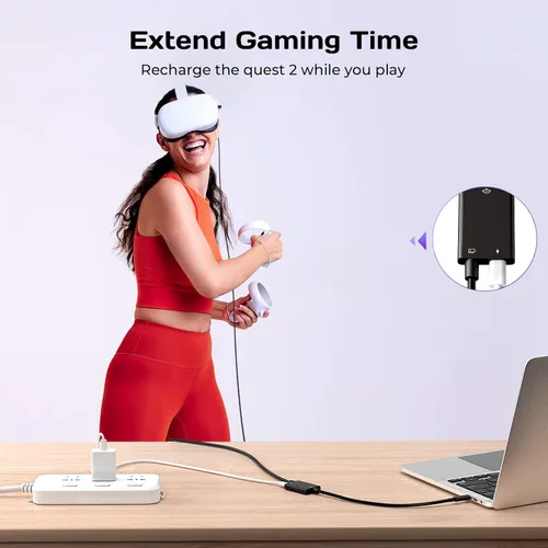 Vista 2 de Gamulus Cable de enlace de 16 pies para Oculus Quest 2 con puerto de carga adicional carga rápida y transferencia de datos de alta velocidad de 10