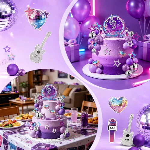 Vista 6 de 38 adornos morados para tartas musicales, disco y bola morada, papel, guitarra, micrófono, decoración de pastel de estrellas para Kpop, suministros