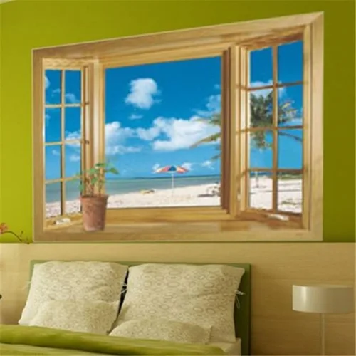 Vista 3 de Pegatinas de pared removibles 3D con diseño de ventana de playa, decoración para el hogar, decoración del hogar