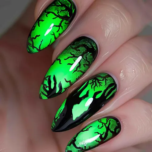 Vista 25 de Uñas postizas a presión de Halloween, uñas postizas de almendra, cobertura completa, uñas postizas rojas con diseños de gotas de sangre, punta 14